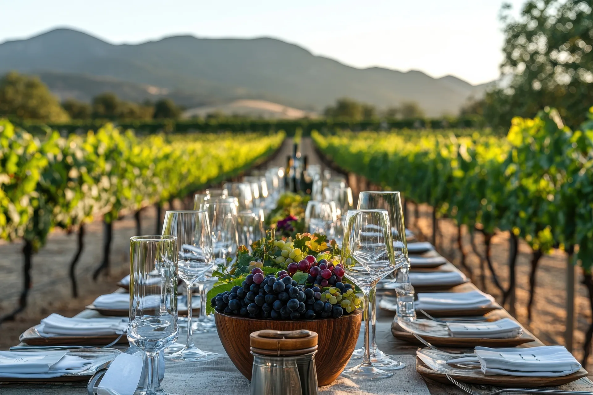 Elegant outdoor dining table setup in Napa Valley vineyard with wine glasses, gourmet cuisine, and scenic vineyard rows in background