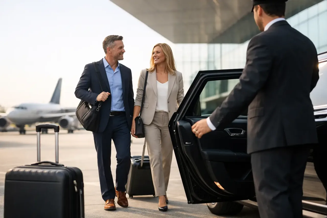 Professional chauffeur standing beside a black luxury SUV at an airport departure terminal